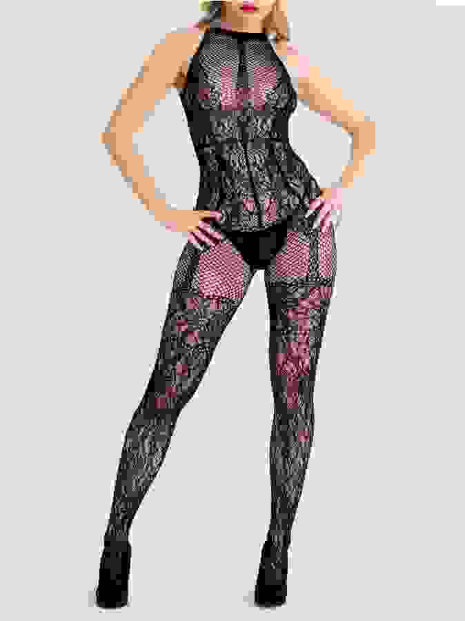 Lovehoney Lace and Fishnet Crotchless Basque Bodystocking, Black, hi-res